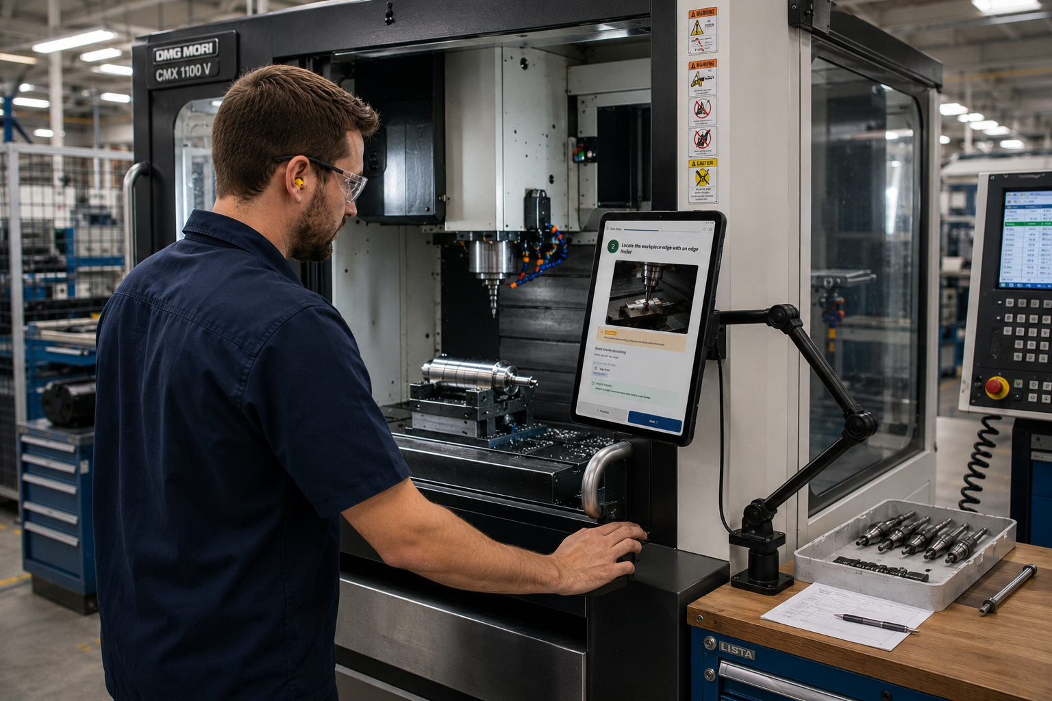 Machine operator following a theKroniq step-by-step work instruction on a tablet mounted next to a DMG MORI CMX 1100 V CNC milling machine