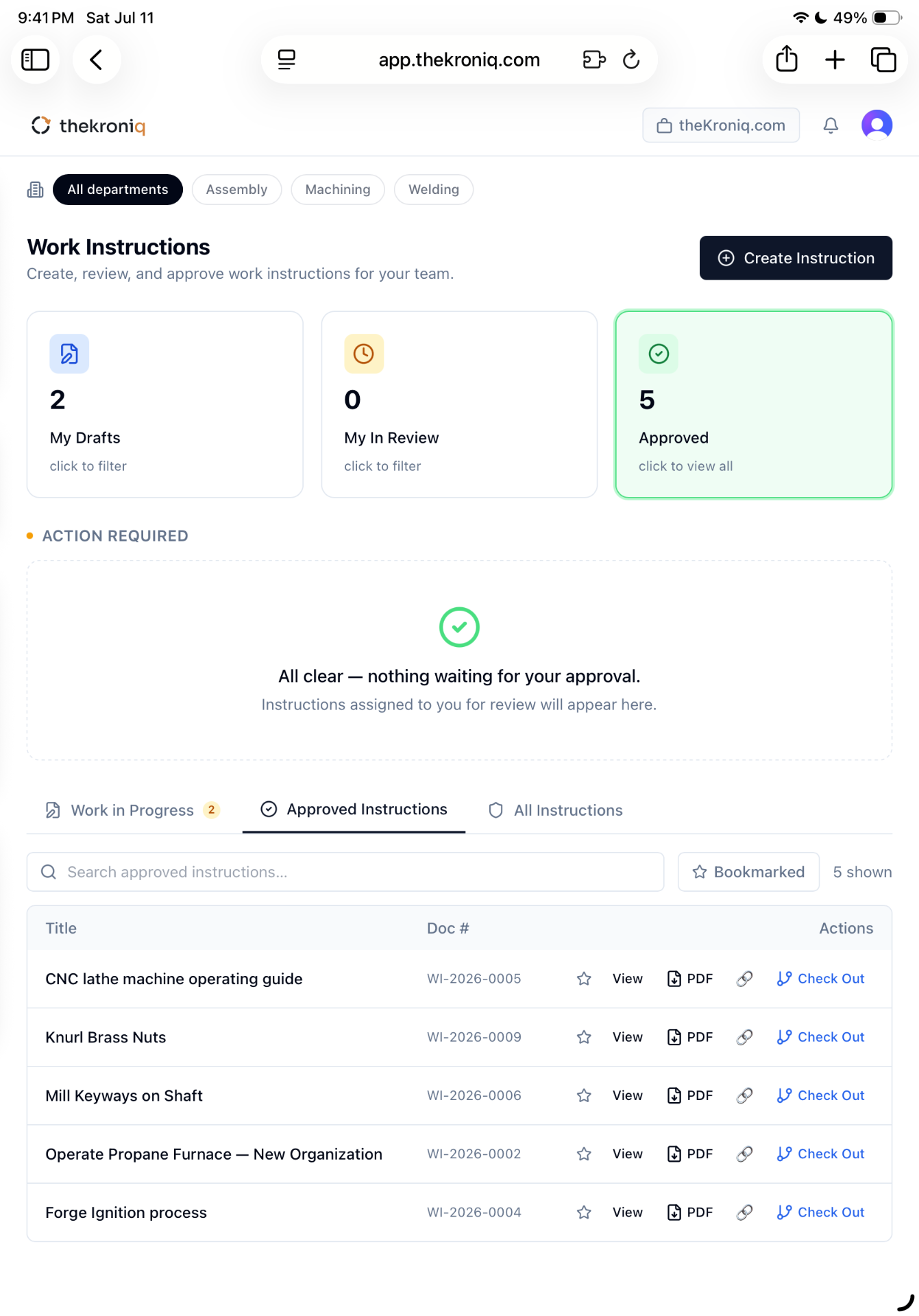 theKroniq dashboard showing work instructions across departments with drafts, reviews and approvals